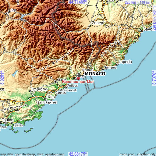 Topographic map of Beaulieu-sur-Mer