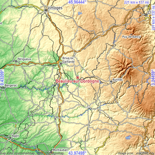 Topographic map of Beaulieu-sur-Dordogne