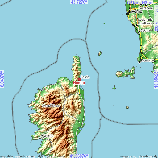 Topographic map of Bastia