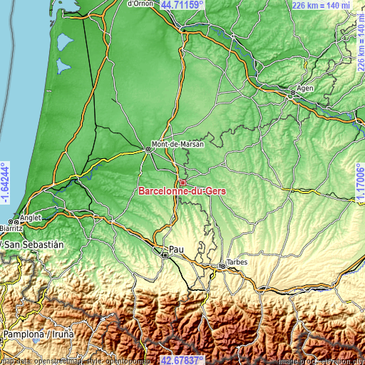 Topographic map of Barcelonne-du-Gers