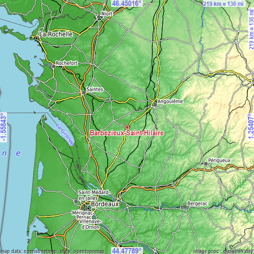 Topographic map of Barbezieux-Saint-Hilaire