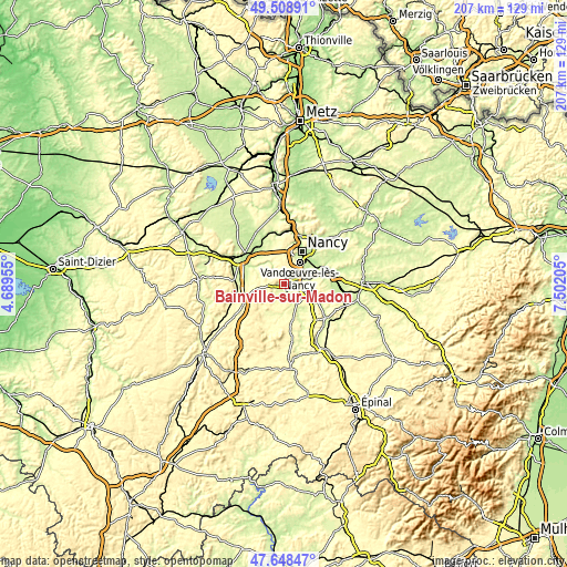 Topographic map of Bainville-sur-Madon