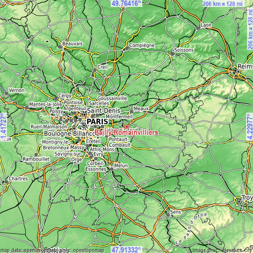 Topographic map of Bailly-Romainvilliers