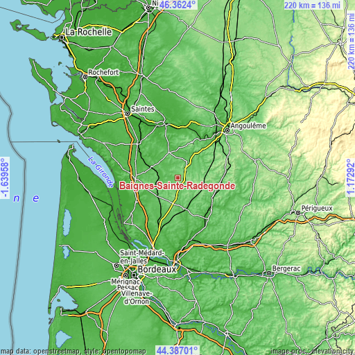 Topographic map of Baignes-Sainte-Radegonde