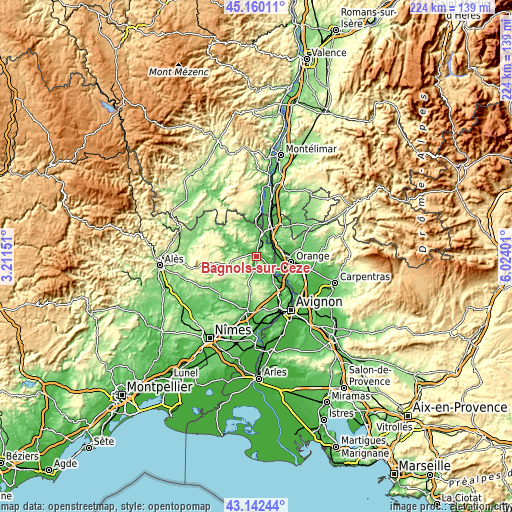 Topographic map of Bagnols-sur-Cèze