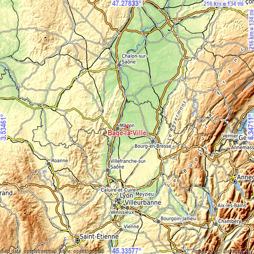 Topographic map of Bâgé-la-Ville