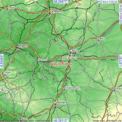 Topographic map of Azay-le-Rideau