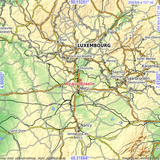 Topographic map of Ay-sur-Moselle