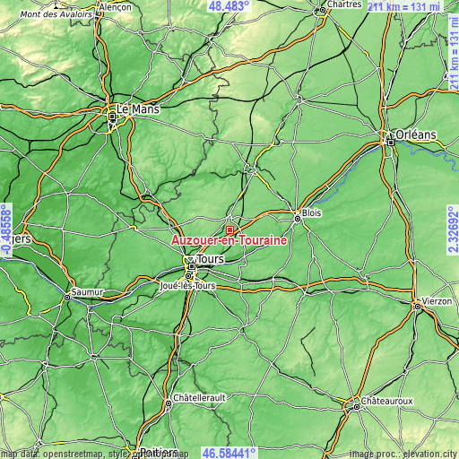 Topographic map of Auzouer-en-Touraine