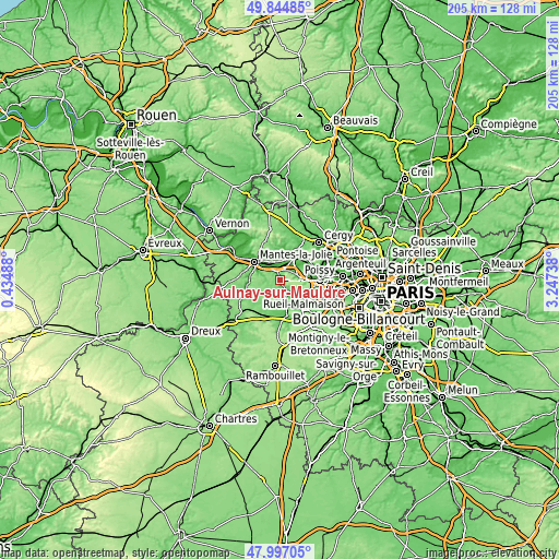 Topographic map of Aulnay-sur-Mauldre