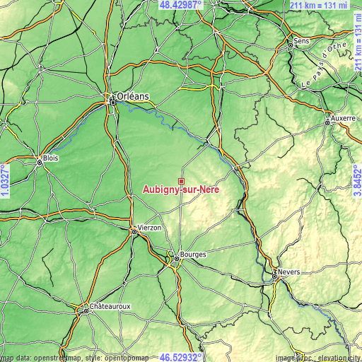 Topographic map of Aubigny-sur-Nère