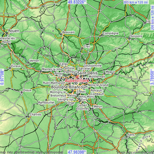 Topographic map of Aubervilliers