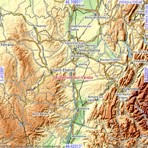 Topographic map of Auberives-sur-Varèze