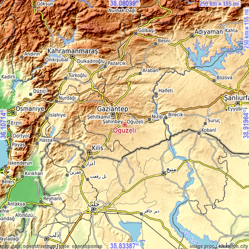 Topographic map of Oğuzeli