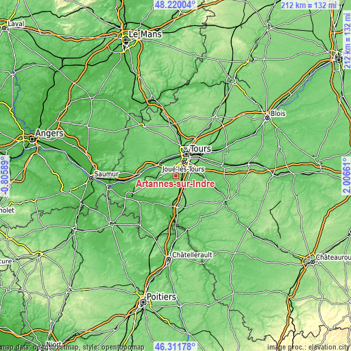 Topographic map of Artannes-sur-Indre