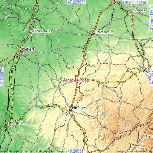 Topographic map of Arnac-la-Poste