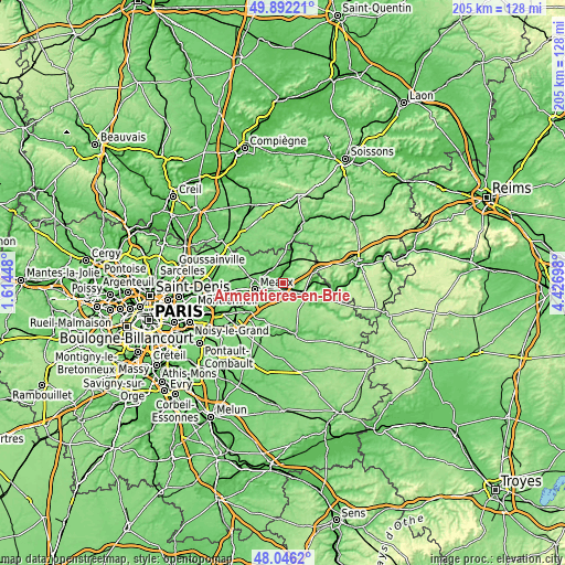 Topographic map of Armentières-en-Brie