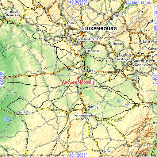 Topographic map of Ancy-sur-Moselle