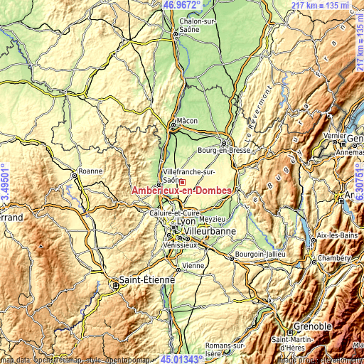 Topographic map of Ambérieux-en-Dombes