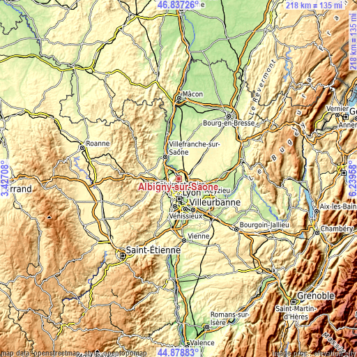 Topographic map of Albigny-sur-Saône