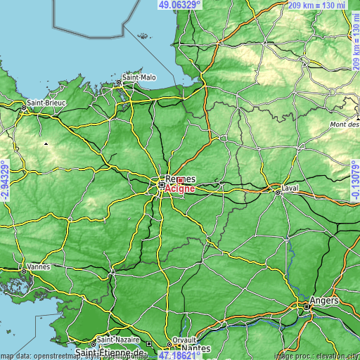 Topographic map of Acigné