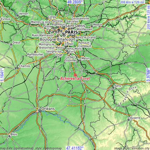 Topographic map of Achères-la-Forêt