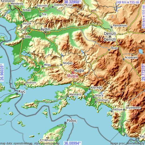 Topographic map of Muğla