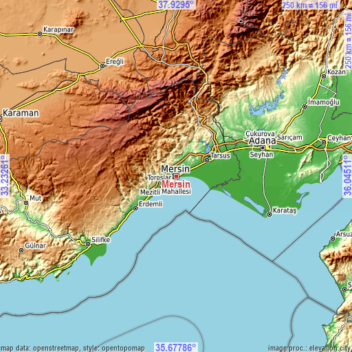 Topographic map of Mersin