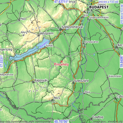 Topographic map of Pincehely