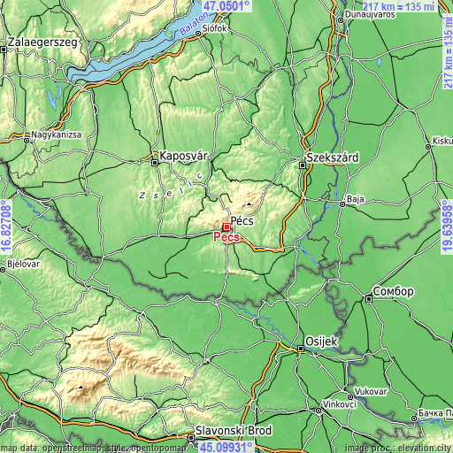 Topographic map of Pécs
