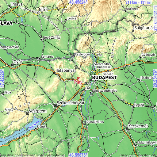 Topographic map of Páty