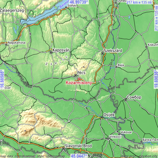 Topographic map of Kozármisleny