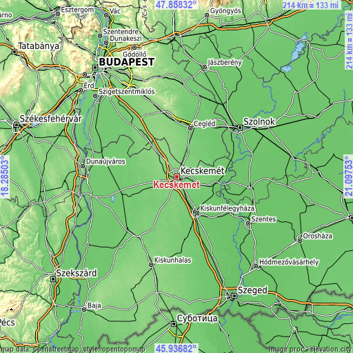 Topographic map of Kecskemét