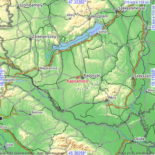 Topographic map of Kaposmérő