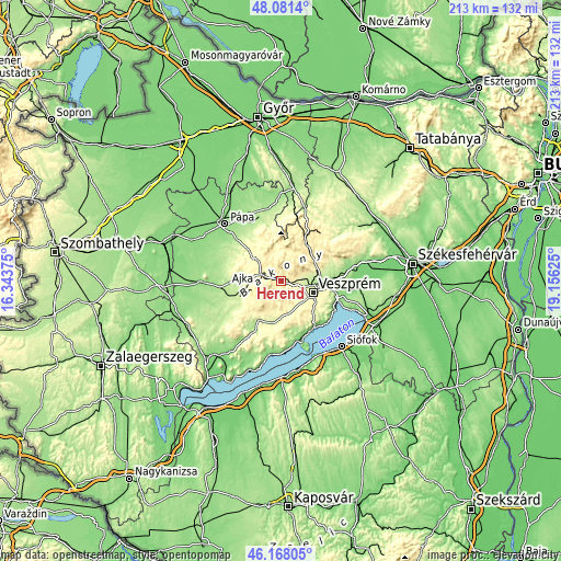 Topographic map of Herend