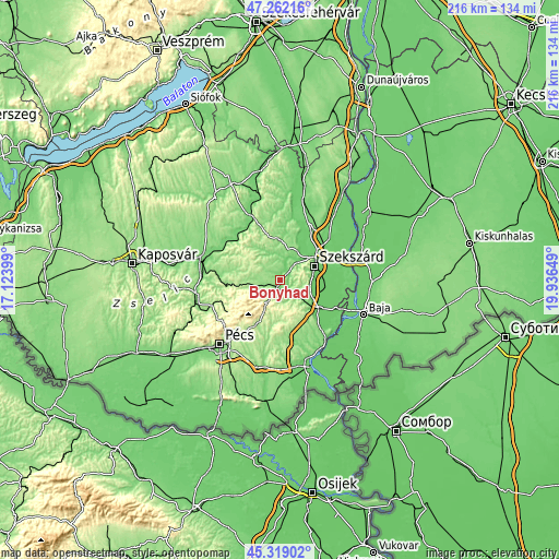 Topographic map of Bonyhád