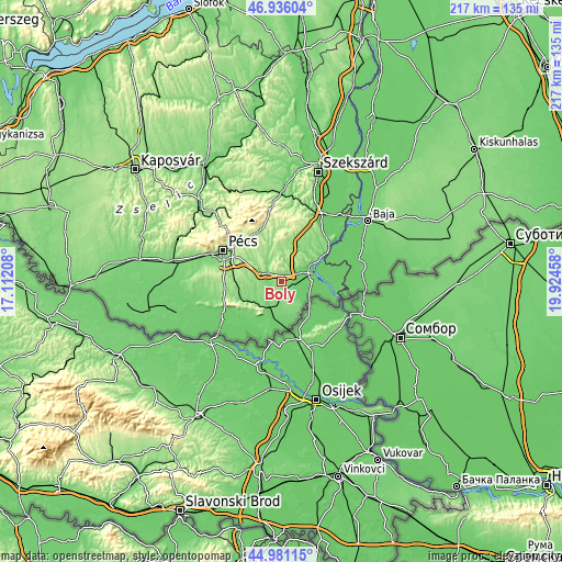 Topographic map of Bóly