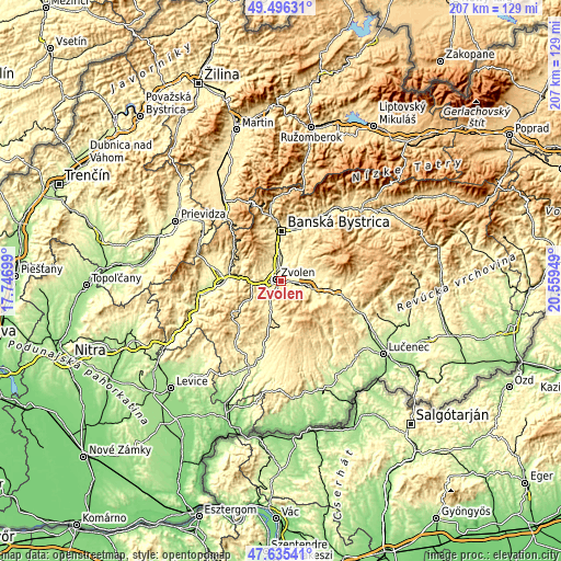 Topographic map of Zvolen