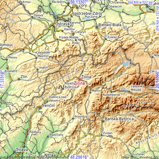 Topographic map of Žilina