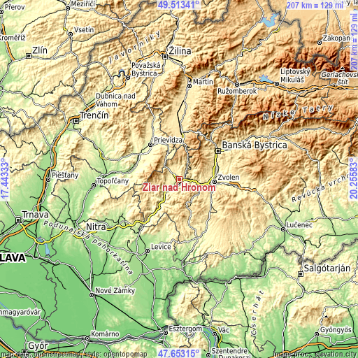 Topographic map of Žiar nad Hronom