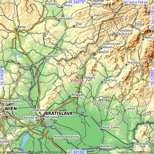 Topographic map of Vrbové
