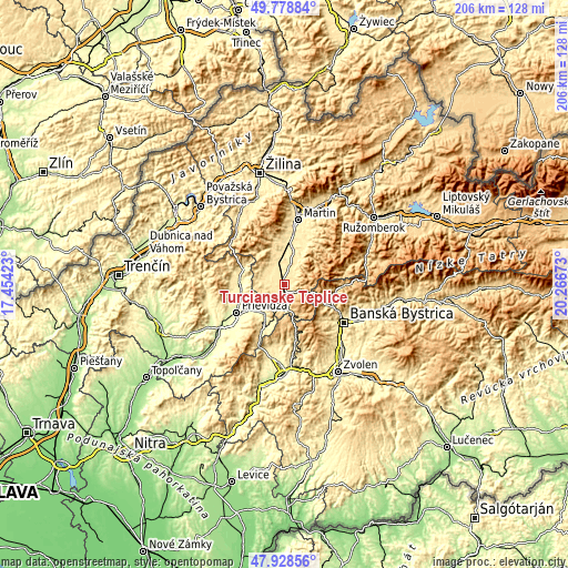 Topographic map of Turčianske Teplice