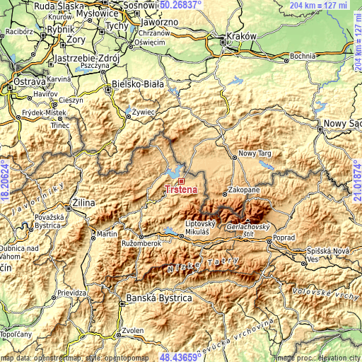 Topographic map of Trstená
