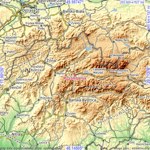 Topographic map of Ružomberok