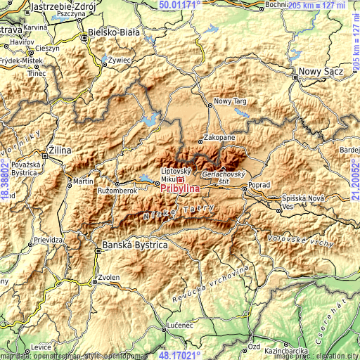 Topographic map of Pribylina