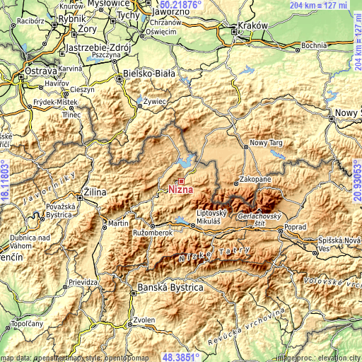 Topographic map of Nižná