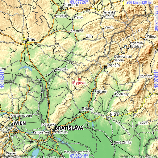 Topographic map of Myjava