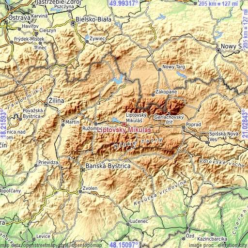 Topographic map of Liptovský Mikuláš