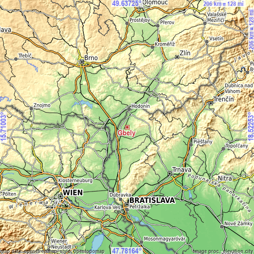 Topographic map of Gbely