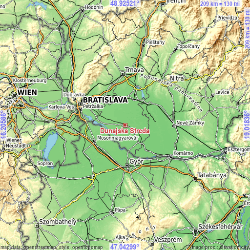 Topographic map of Dunajská Streda